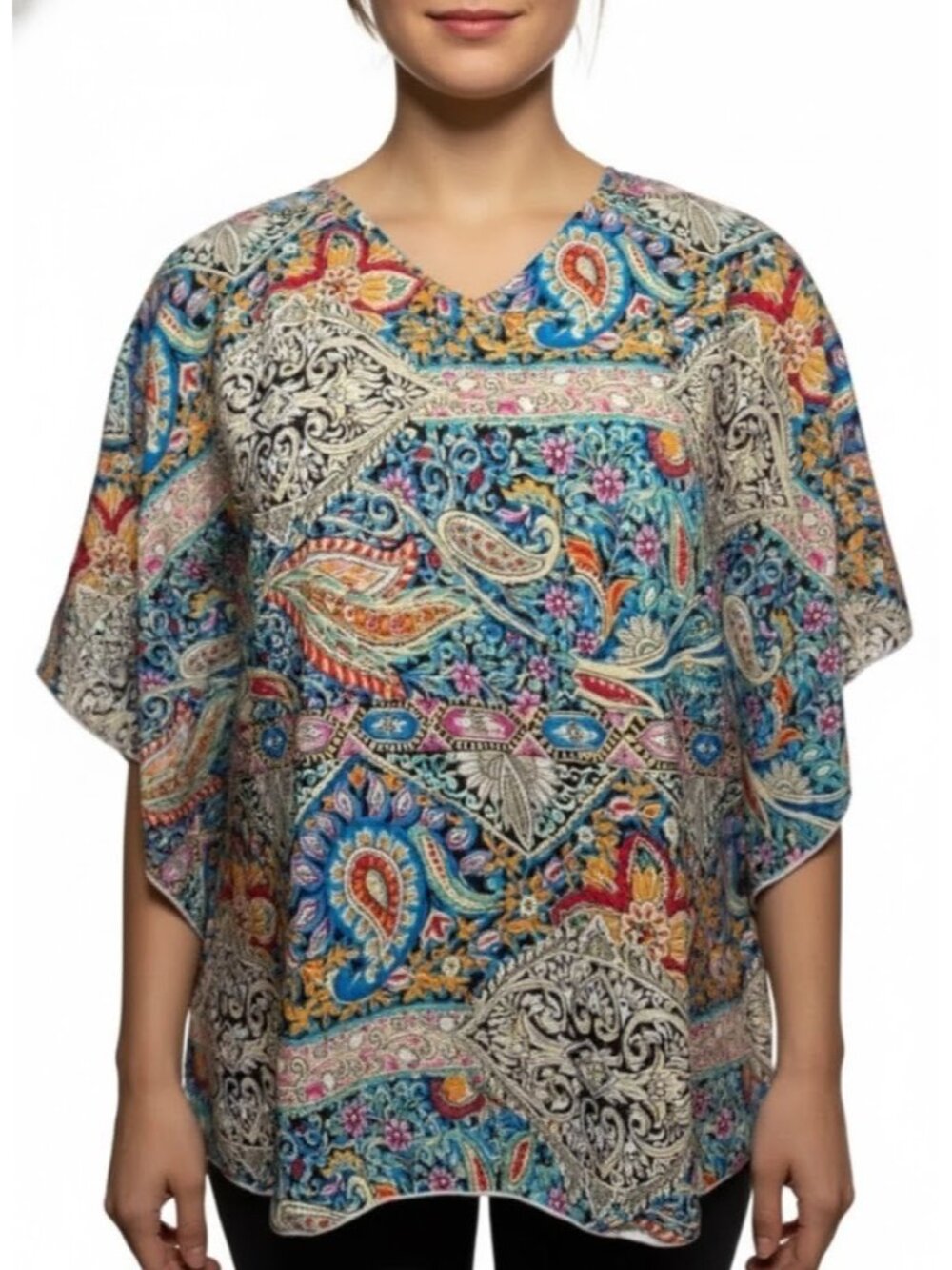 Boho Paisley Floral Print Blouse Women's Size XL Blue Yellow 100% Polyester Top